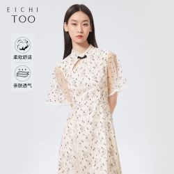 爱居兔 夏女装设计感蝴蝶结蕾丝提花面料国风旗袍式短袖连衣裙