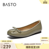 百思图 26秋蝴蝶结方头红色绒面船鞋芭蕾女单鞋婚鞋CZ202CQ6