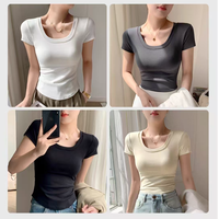 带胸垫瑜伽T恤女春夏季天丝凉感罩杯一体U领修身打底半袖-6602