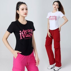 佳宝莉源 2025夏季新款广场舞运动鬼步舞休闲服T恤短袖印花字母上衣XH
