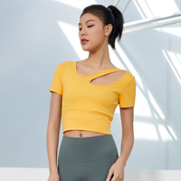 依琦莲2022夏季新款上衣健身衣女紧身T恤斜肩瑜伽服跑步速干短袖