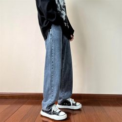 月伊纺 夏季宽松水洗牛仔裤男士纯色百搭阔腿休闲裤青年美式直筒哈伦长裤