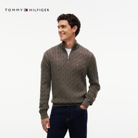 TOMMY HILFIGER 纯棉绞花半拉链小高领针织衫 深咖色 M