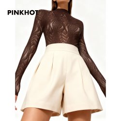 PINKHOT 2026新品 立体波浪纹性感镂空高弹网眼连体衣咖色 6007969