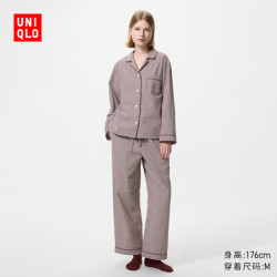 优衣库 棉质睡衣/长袖长裤女装起居服套装488173 19 酒红色 M