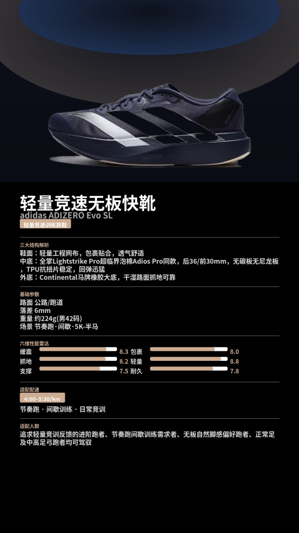 轻量竞速竞训：adidas adizero Evo SL M 男子跑步鞋