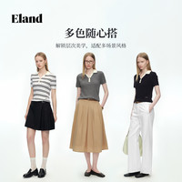 E·LAND 衣恋 Eland衣恋毛衣女休闲通勤翻领短袖针织衫条纹针织T恤2026夏季新款