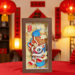 木易 醒狮3D立体画非遗剪纸桌面摆件装饰客厅玄关乔迁开业企业商务礼品 纳福醒狮-非遗剪纸相框摆件12*22cm