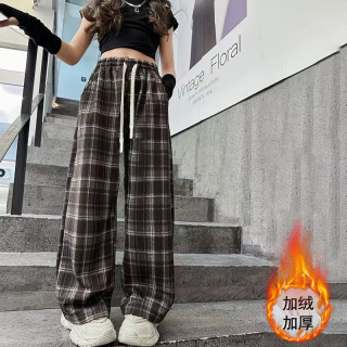 女童加绒秋冬格子裤2024冬季中大童加厚毛呢休闲裤潮流直筒阔腿裤