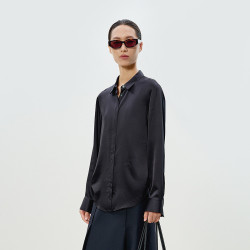 LESS 春季6A桑蚕真丝衬衣女黑色通勤百搭简约长袖衬衫2P1211090