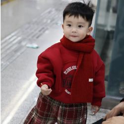 儿童新款秋冬加绒一体绒休闲套装小童圣诞限定套装男女宝拜年服