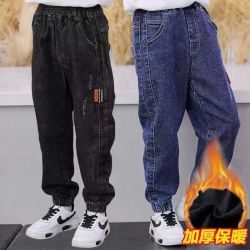 男孩牛仔裤秋冬新款中大儿童加绒童装束脚韩版宽松一体绒长裤裤子