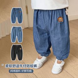 儿童夏季薄款牛仔防蚊裤2023新款男女宝宝棉质卡通刺绣超软外穿裤