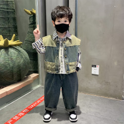男童秋季牛仔马甲三件套2026新款韩版时髦痞帅男孩春秋装儿童套装