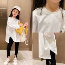 女童纯棉打底衫2026春装新款中大童基础款下摆开叉百搭白长袖T恤