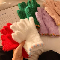 露指触屏毛绒五指手套女士冬季保暖加绒加厚骑行骑车学生可爱防寒