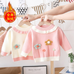 女童毛衣加绒加厚一体绒2024秋冬新款女宝宝洋气韩版中小童针织衫