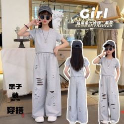 （潮酷女孩）2026夏季新款韩系时尚潮酷纯色破洞阔腿裤套装