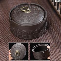 紫砂烟灰缸带盖防飞灰陶瓷盒子客厅灭烟神器复古家居饰品摆件防风