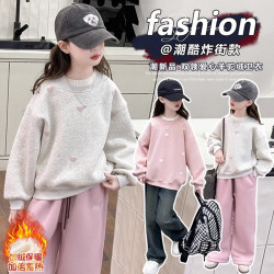 女童加绒卫衣冬季新款中大童洋气女孩加厚一体绒儿童打底保暖上衣