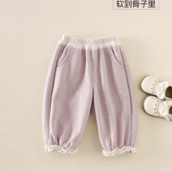 加绒女小童外穿秋冬加绒花边裤子一体绒卫裤百搭小女孩休闲长裤潮