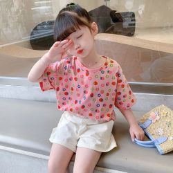 纯棉儿童女宝宝中小童夏新款卡通印花速干碎花透气短袖T恤上衣