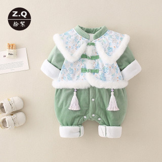 婴儿衣服秋冬装夹棉连体衣棉服女宝宝可爱中国风爬服薄棉哈衣外套