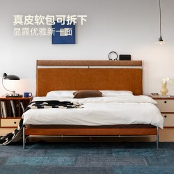 MUU 主卧软巧真皮床黑色1米8双人卧室头层牛皮实木软包床中古风床