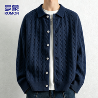 罗蒙 针织衫男士秋季新款宽松开衫毛衣高端老钱风翻领外套男7070藏青3X