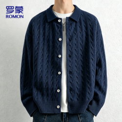 罗蒙 针织衫男士秋季新款宽松开衫毛衣高端老钱风翻领外套男7070藏青3X