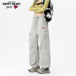 CHARLES JANG'S HAPPY HEART 多口袋抽绳工装阔腿裤潮流个性宽松透气日常 浅灰色    XL