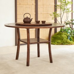 暂无信息 新中式餐桌全实木圆桌转盘老榆木中古风中小户型原木吃饭圆形桌子