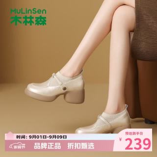 木林森 女鞋复古山茶花粗跟小皮鞋 优雅百搭高跟鞋厚底通勤女士休闲单鞋