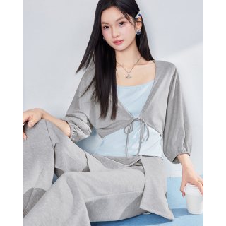爱依服 2026夏秋新款简约风针织开衫套装女阔腿裤气质休闲显瘦