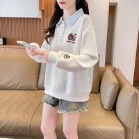 蝴蝶曼 卫衣女秋2026冬季宽松韩版polo假两件立领外套学生百搭休闲上衣 灰色 M