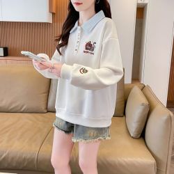 蝴蝶曼 卫衣女秋2026冬季宽松韩版polo假两件立领外套学生百搭休闲上衣 灰色 M