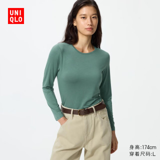 优衣库 HEATTECH圆领T恤/长袖女装/保暖衣秋衣内衣489682 53 草绿色 S