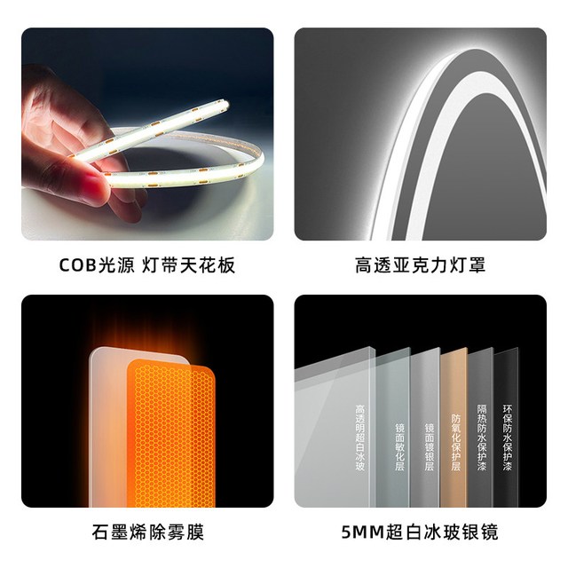 nolsia 圆形智能led带灯化妆镜子超白玻壁挂式家用卧室台面触摸屏梳妆镜
