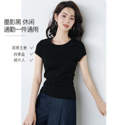 晚白 2026年夏季新款圆领纸片人纯棉T修身显瘦百搭黑色正肩T恤衫女