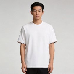 BURBERRY 自营BURBERRY/博柏利男士棉质格纹饰边针织圆领短袖T恤
