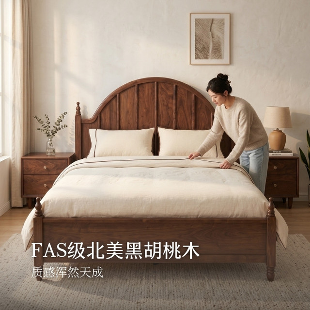 允典 新品轻法式复古实木床北美黑胡桃木实木床原木风大床双人床