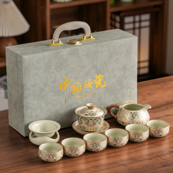 茉舟 汝窑茶具套装轻奢泡茶专用整套金银错敦煌故宫文创送长辈领导 黄汝敦煌凤翎盖碗礼盒装
