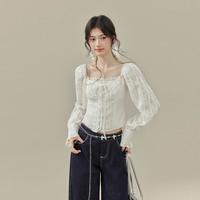 欧阳喜 《恋爱假期》蕾丝花边方领小衫女春季泡泡袖修身法式T恤