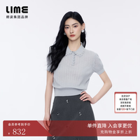 lime 朗姿/莱茵羊毛混纺重工翻领镂空菱格提花针织短袖2026秋新款 浅灰色 L