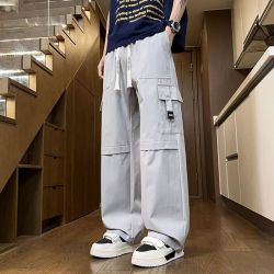 蝴蝶曼 美式工装裤男士春秋夏季薄款宽松潮流休闲裤多口袋百搭帅气直筒裤 军绿色 M