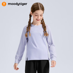 moodytiger 女童长袖T恤吸湿透气冬儿童上衣保暖圆领插肩袖运动衣 宇宙紫 130