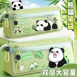 语季 熊猫胖达三角笔袋 双层透明前袋 文具盒