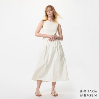 优衣库 拼接收腰连衣裙/无袖/加长款优衣库女装裙子百搭482983