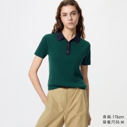 棉莫代尔混纺POLO领拼色针织衫/短袖优衣库女装485224