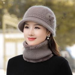 秋冬季妈妈帽保暖加绒百搭针织毛线帽冬天奶奶围脖中老年加厚帽